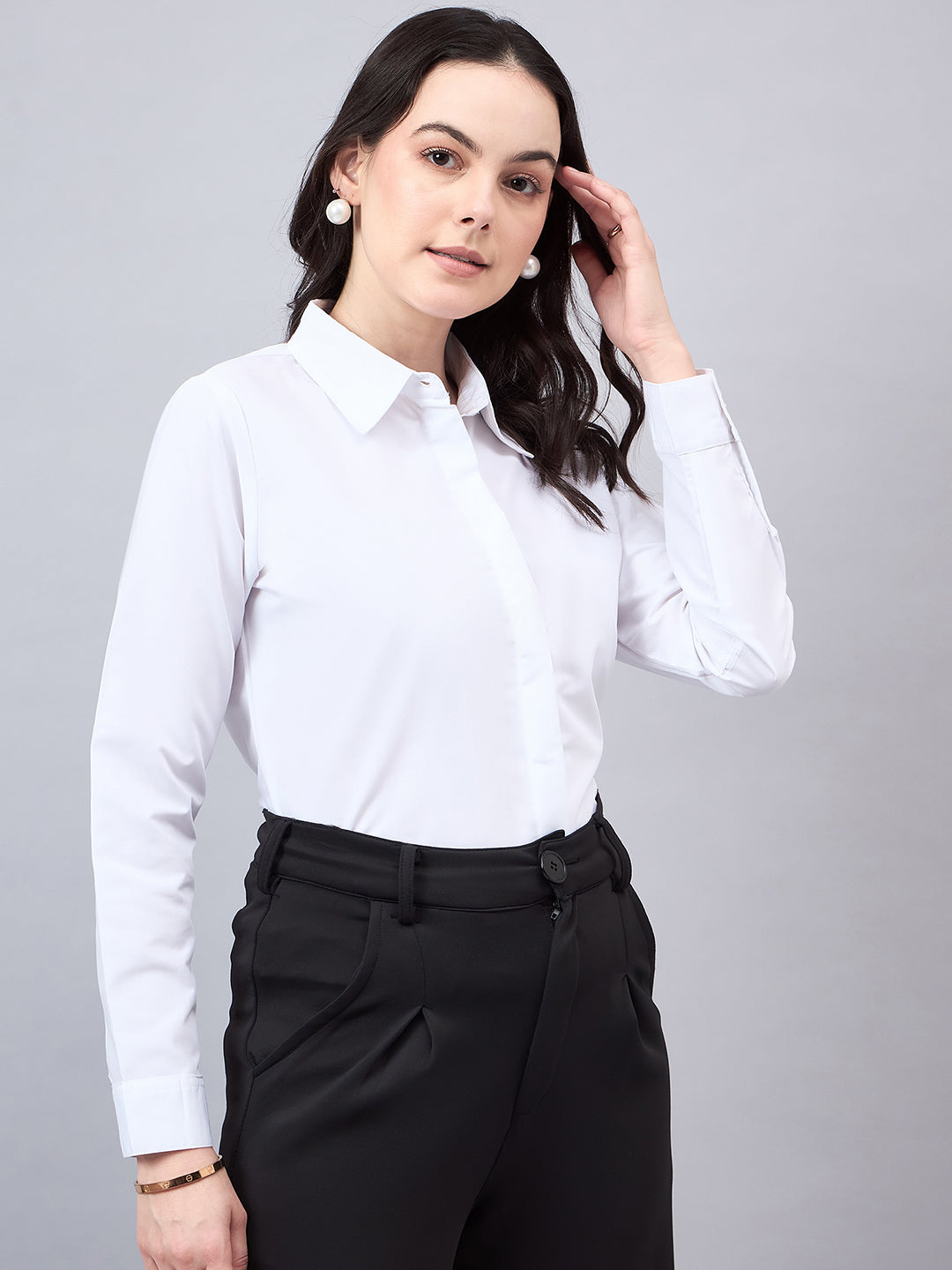 Style Quotient Women White Cotton Blend Formal Long Sleeve Shirt