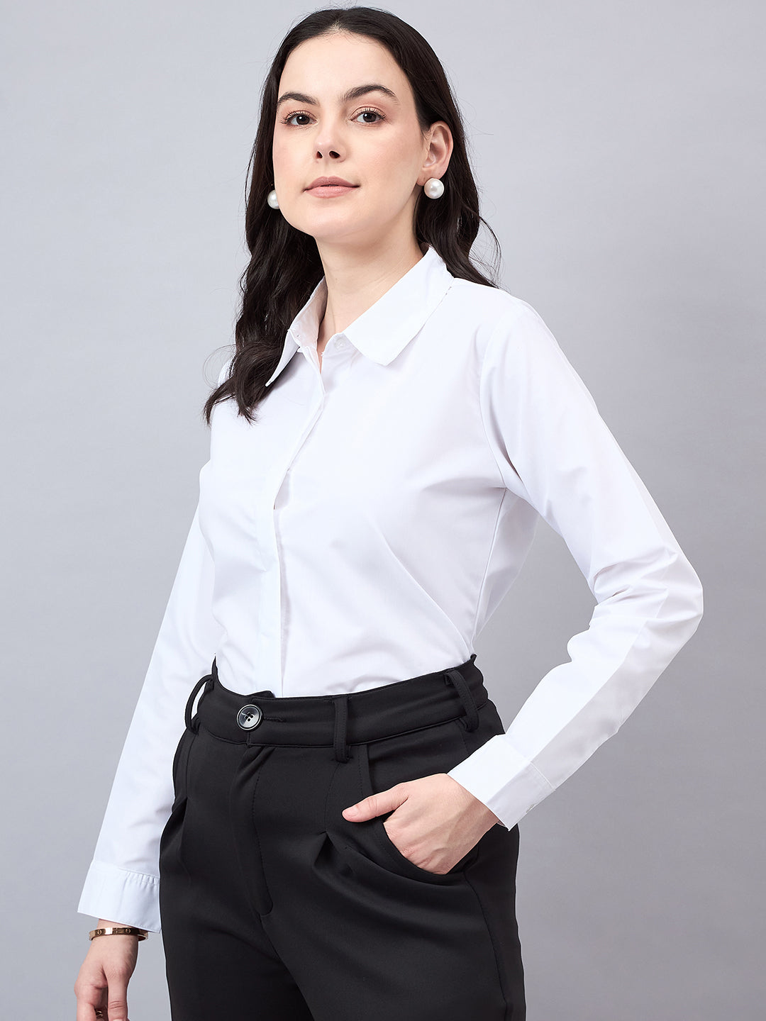 Style Quotient Women White Cotton Blend Formal Long Sleeve Shirt