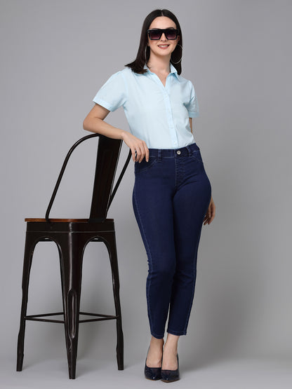 Style Quotient Women Light Blue Cotton Blend Formal Short Sleeve Shirt