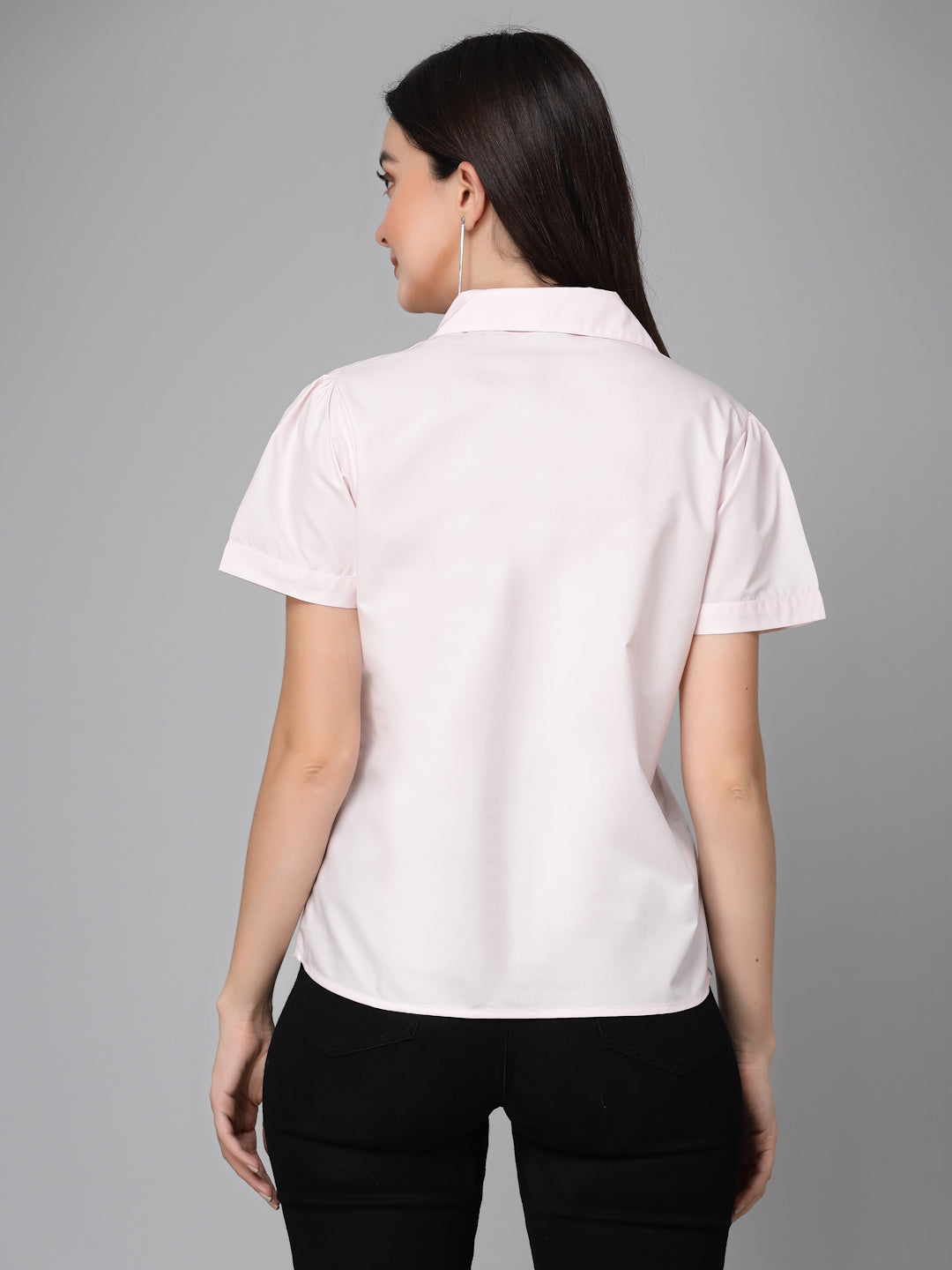 Style Quotient Women Light Pink Cotton Blend Formal Short Sleeve Shirt