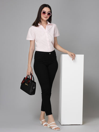 Style Quotient Women Light Pink Cotton Blend Formal Short Sleeve Shirt