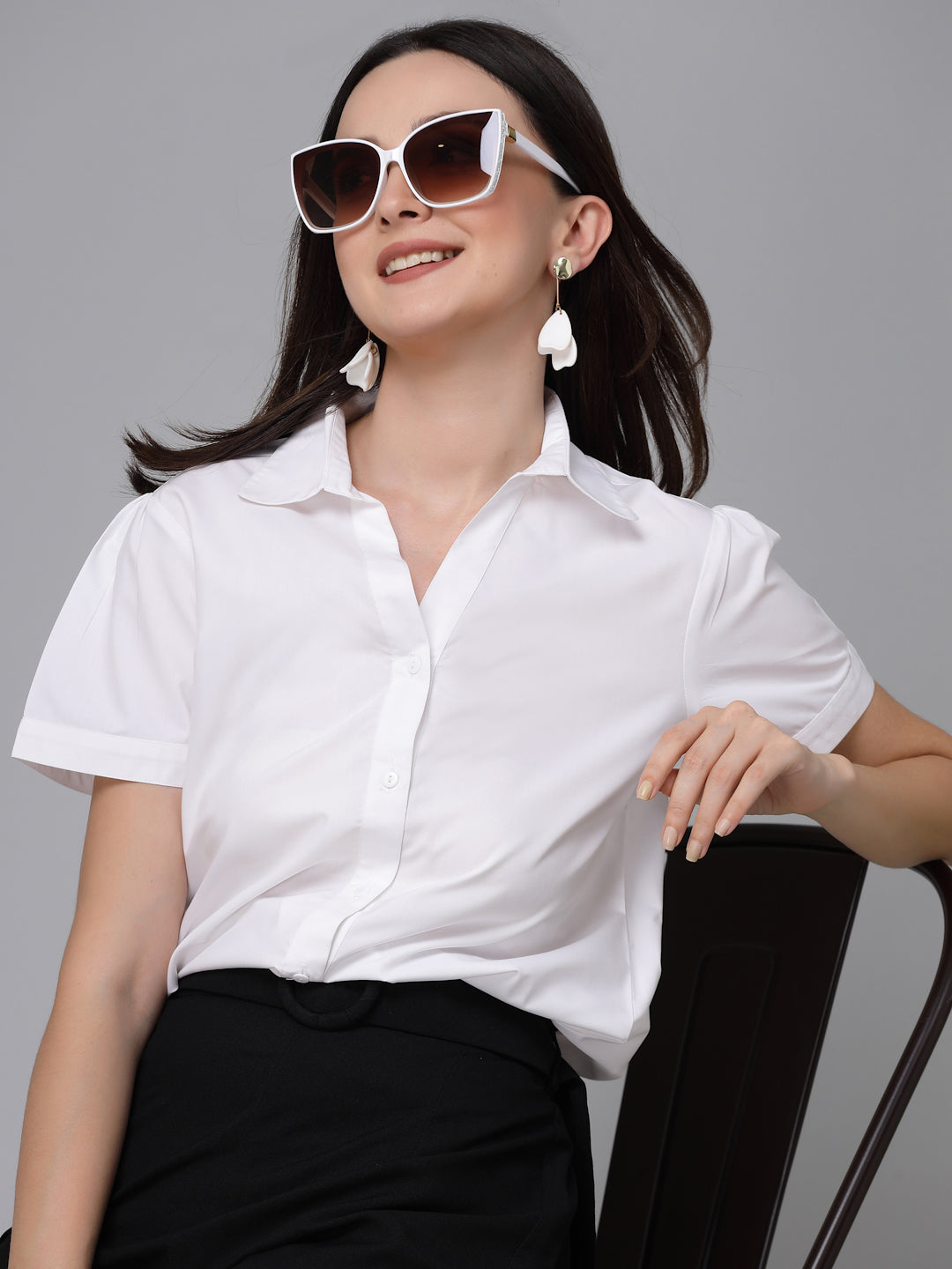 Style Quotient Women White Cotton Blend Formal Short Sleeve Shirt