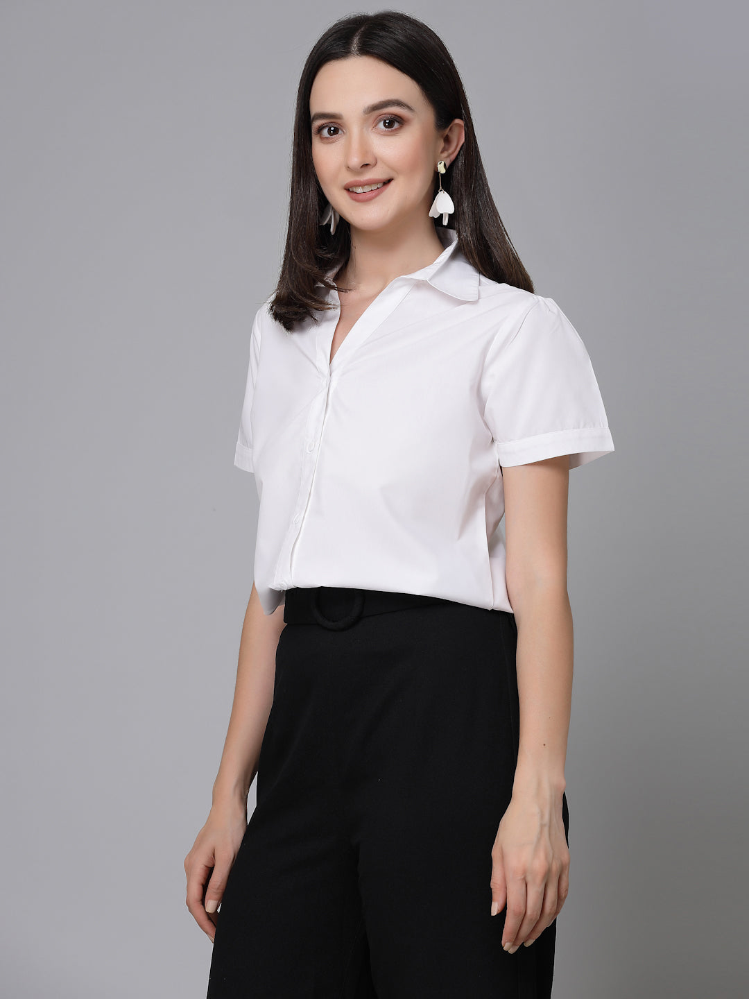 Style Quotient Women White Cotton Blend Formal Short Sleeve Shirt