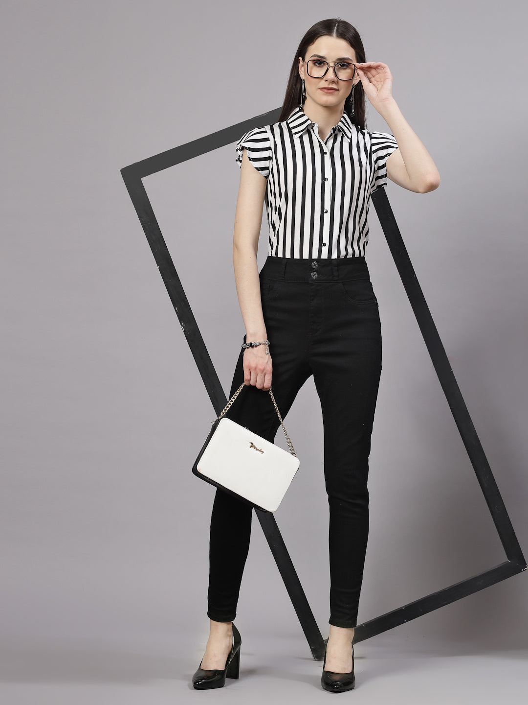 Style Quotient Women Black and White Formal Short Cap Sleeve Shirt