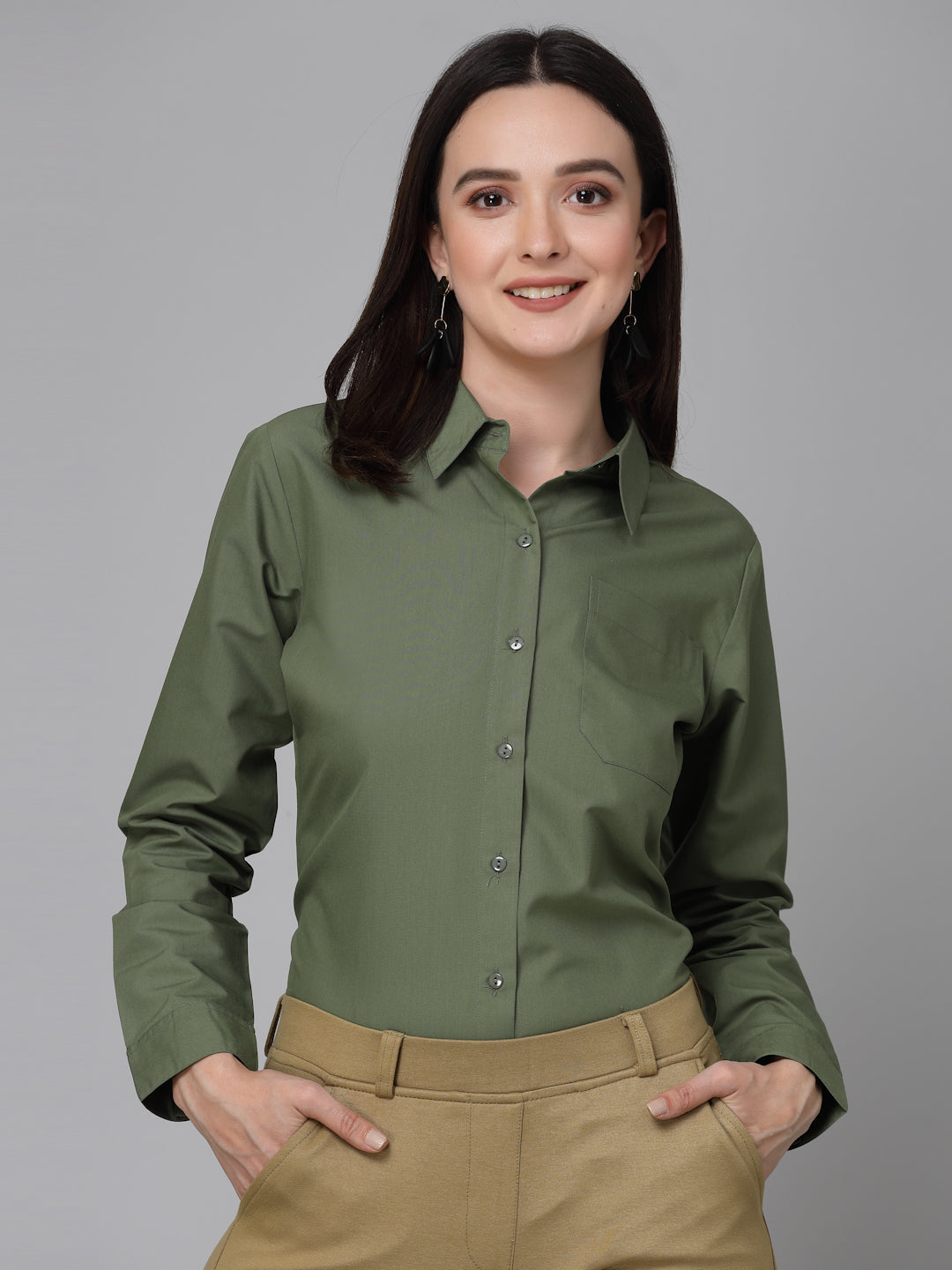 Style Quotient Women Olive Cotton Blend Formal Long Sleeve Shirt