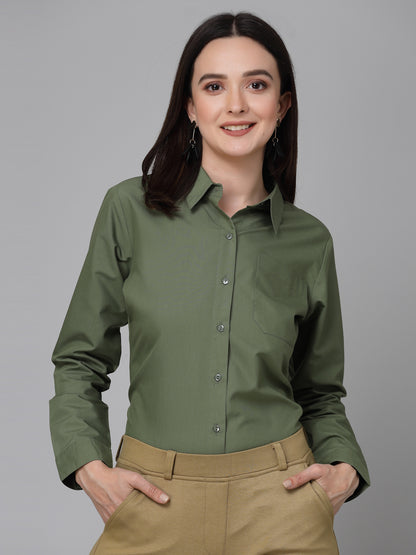 Style Quotient Women Olive Cotton Blend Formal Long Sleeve Shirt