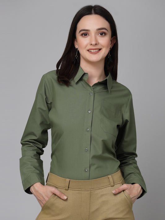 Style Quotient Women Olive Cotton Blend Formal Long Sleeve Shirt