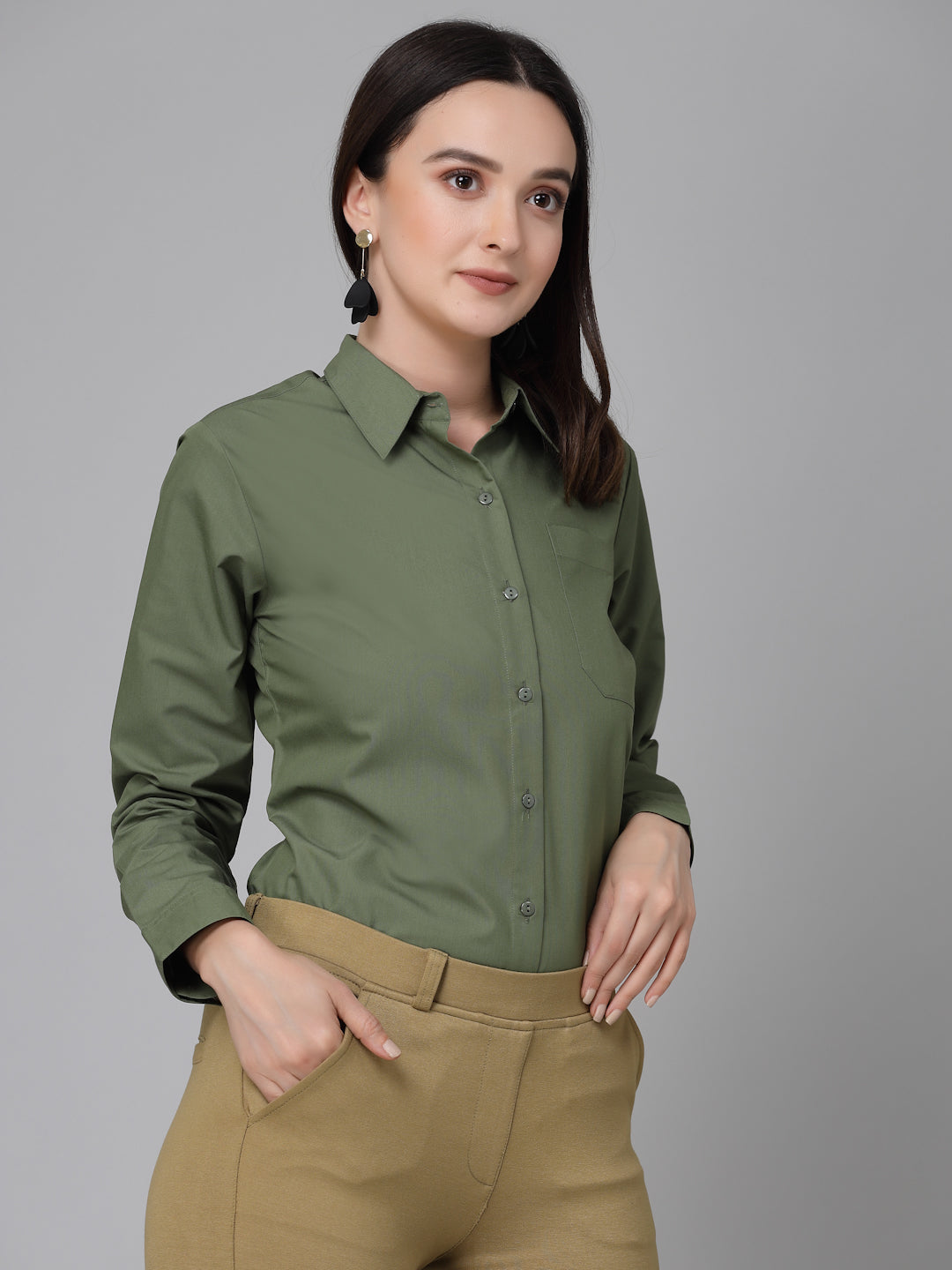 Style Quotient Women Olive Cotton Blend Formal Long Sleeve Shirt