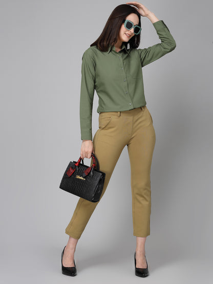 Style Quotient Women Olive Cotton Blend Formal Long Sleeve Shirt