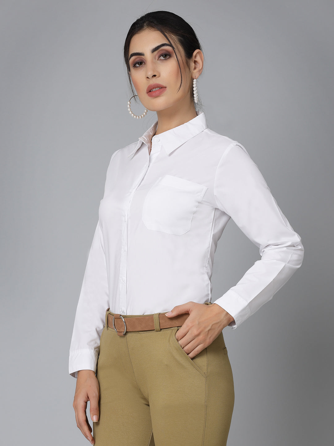 Style Quotient Women White Cotton Blend Formal Long Sleeve Shirt