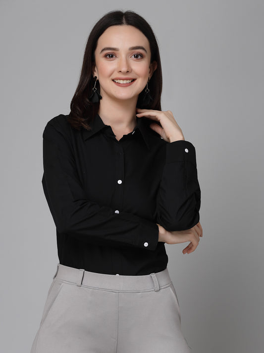 Style Quotient Women Solid Black Polycotton Formal Shirt