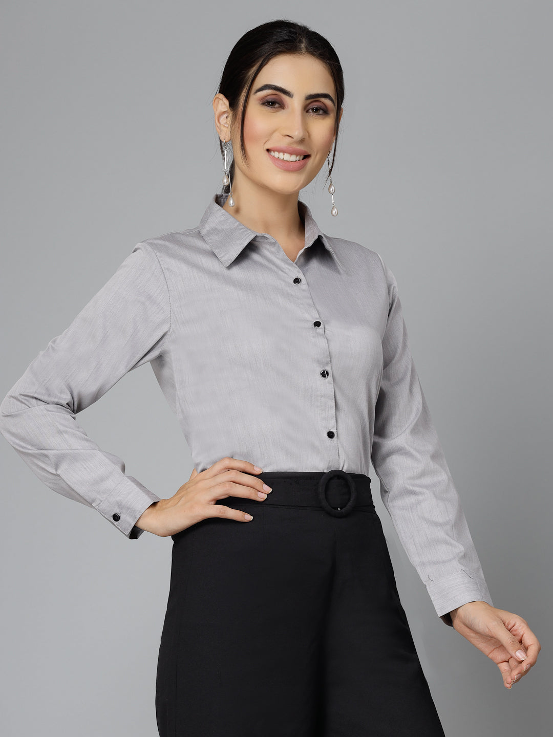 Style Quotient Women Self Design Black Polyviscose Regular Formal Shirt