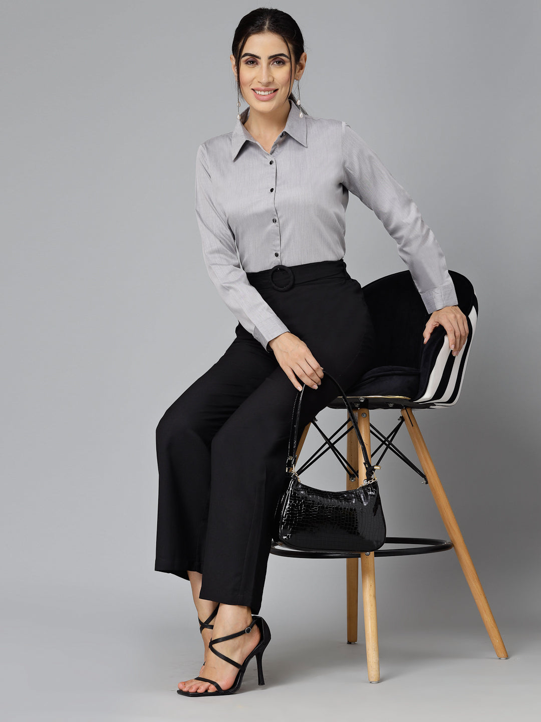 Style Quotient Women Self Design Black Polyviscose Regular Formal Shirt