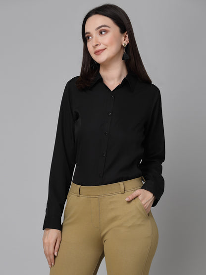 Style Quotient Women Solid Black Poly Crepe Formal Shirt