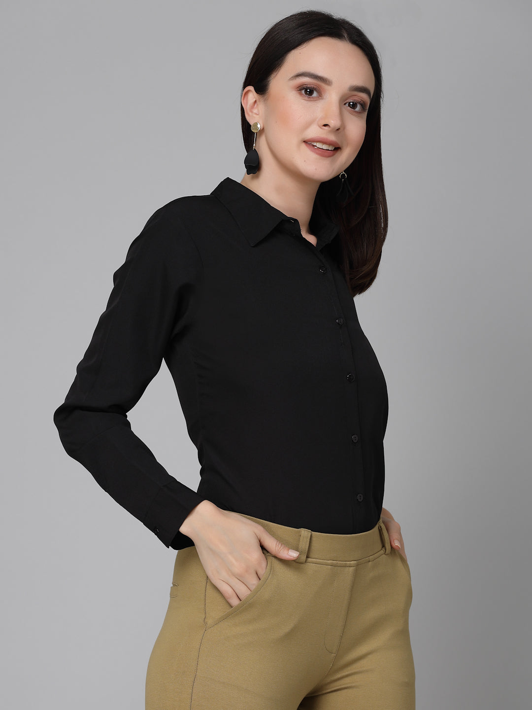 Style Quotient Women Solid Black Poly Crepe Formal Shirt