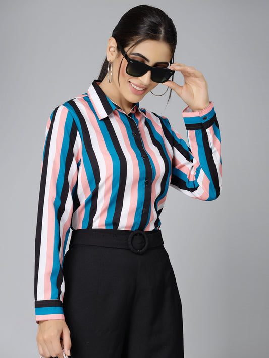 Style Quotient Women Peach and Multi Striped Regular Formal Shirt