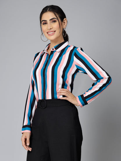 Style Quotient Women Peach and Multi Striped Regular Formal Shirt