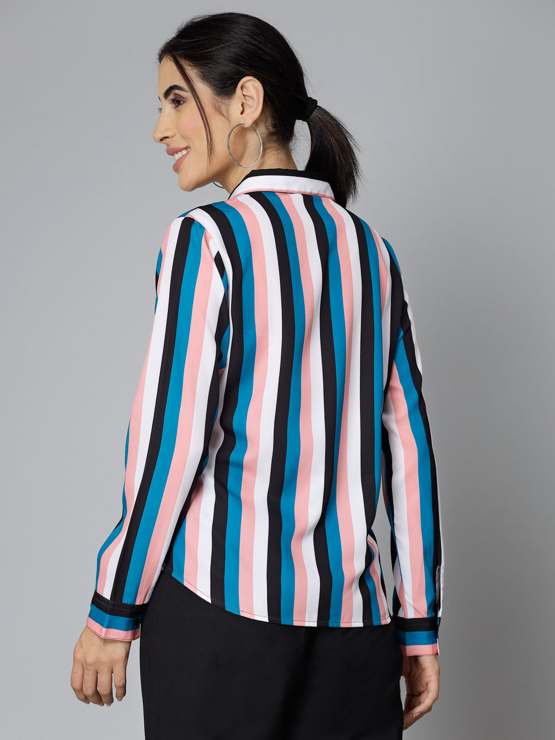 Style Quotient Women Peach and Multi Striped Regular Formal Shirt