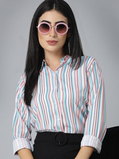 Style Quotient Women Pink and Blue Striped Regular Formal Shirt