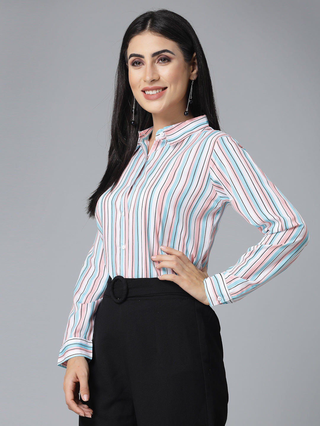 Style Quotient Women Pink and Blue Striped Regular Formal Shirt