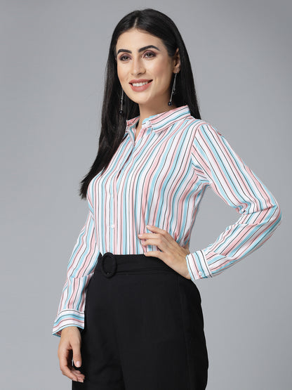 Style Quotient Women Pink and Blue Striped Regular Formal Shirt