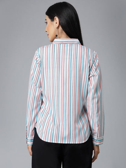 Style Quotient Women Pink and Blue Striped Regular Formal Shirt