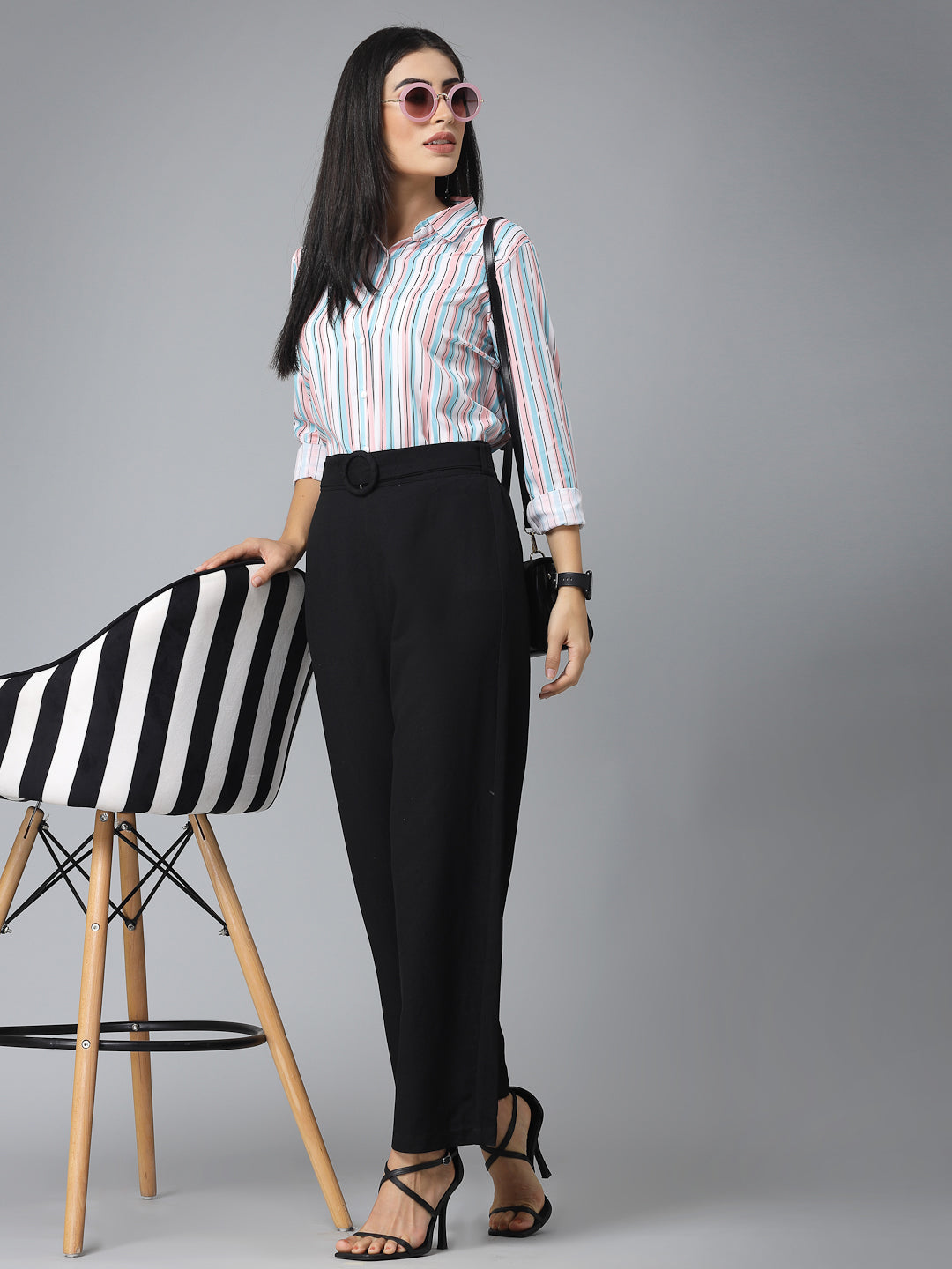 Style Quotient Women Pink and Blue Striped Regular Formal Shirt