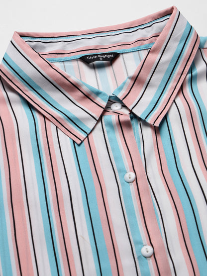 Style Quotient Women Pink and Blue Striped Regular Formal Shirt