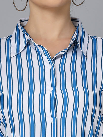 Style Quotient Women White and Blue Striped Regular Formal Shirt