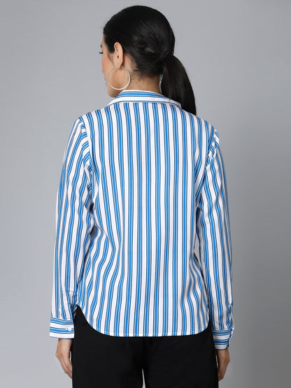 Style Quotient Women White and Blue Striped Regular Formal Shirt