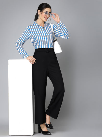 Style Quotient Women White and Blue Striped Regular Formal Shirt