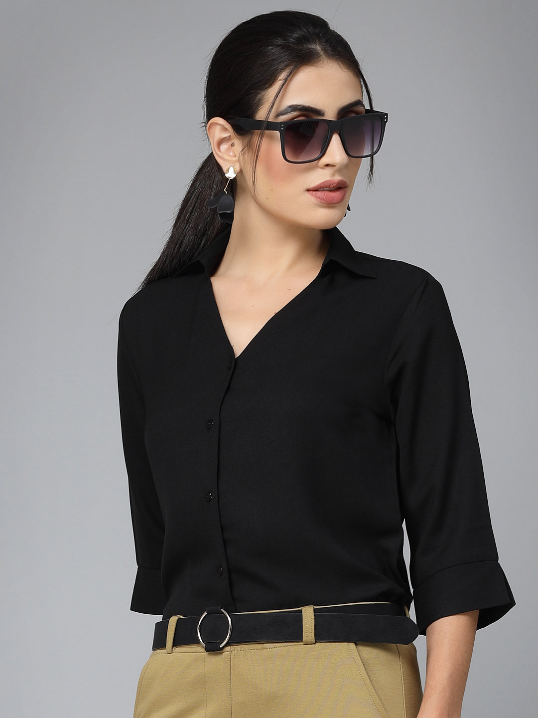 Style Quotient Women Nude Solid Polymoss Regular Formal Shirt