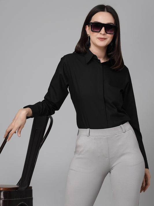 Style Quotient Women Black Cotton Blend Formal Long Sleeve Shirt