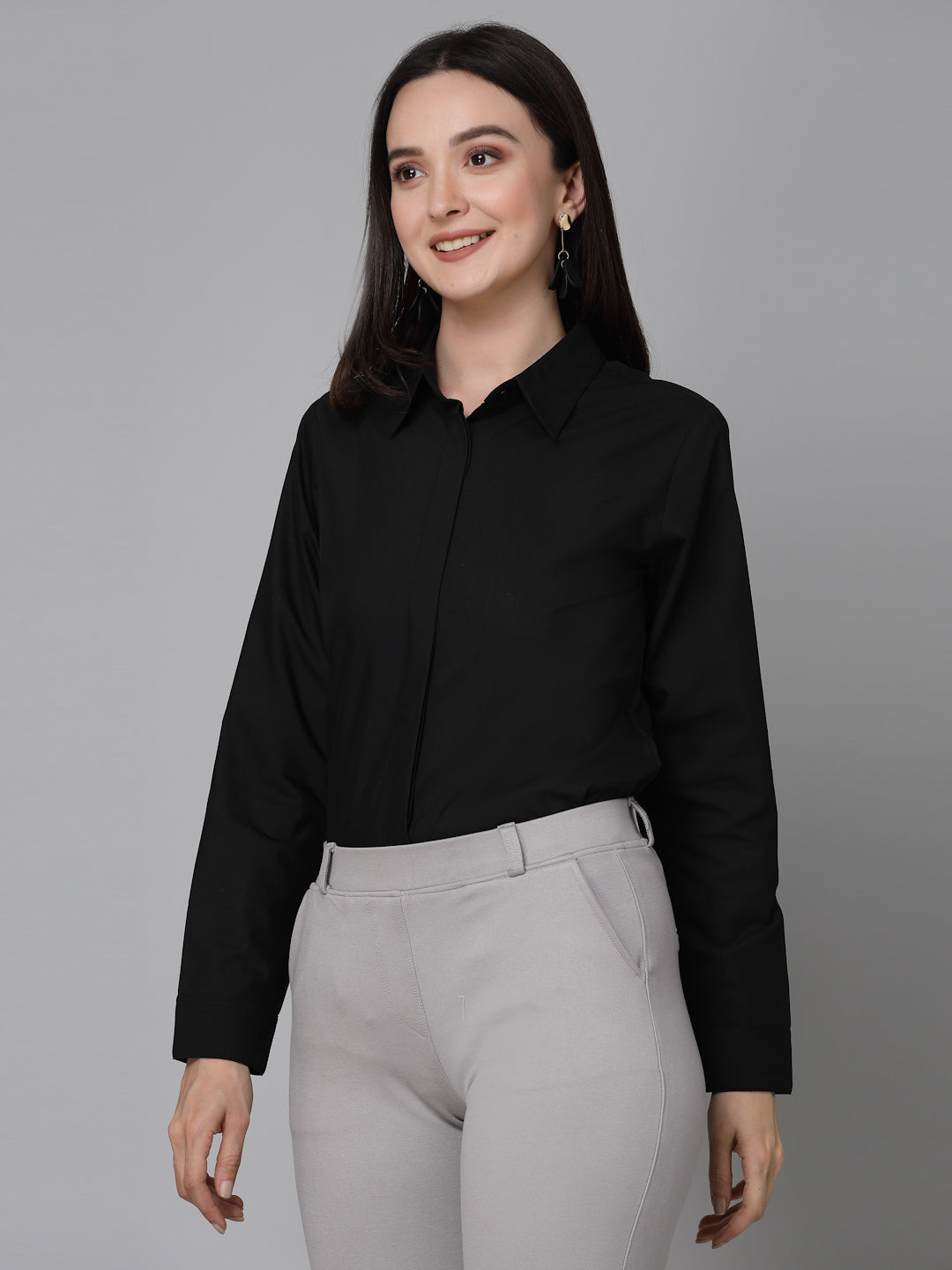 Style Quotient Women Black Cotton Blend Formal Long Sleeve Shirt