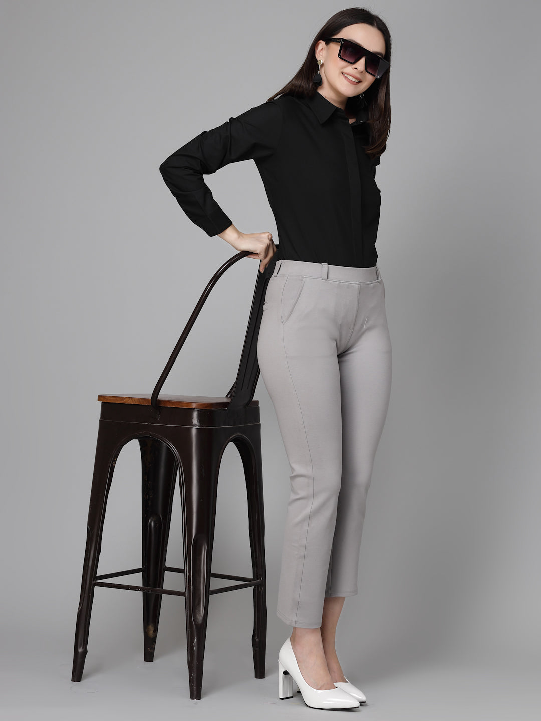 Style Quotient Women Black Cotton Blend Formal Long Sleeve Shirt