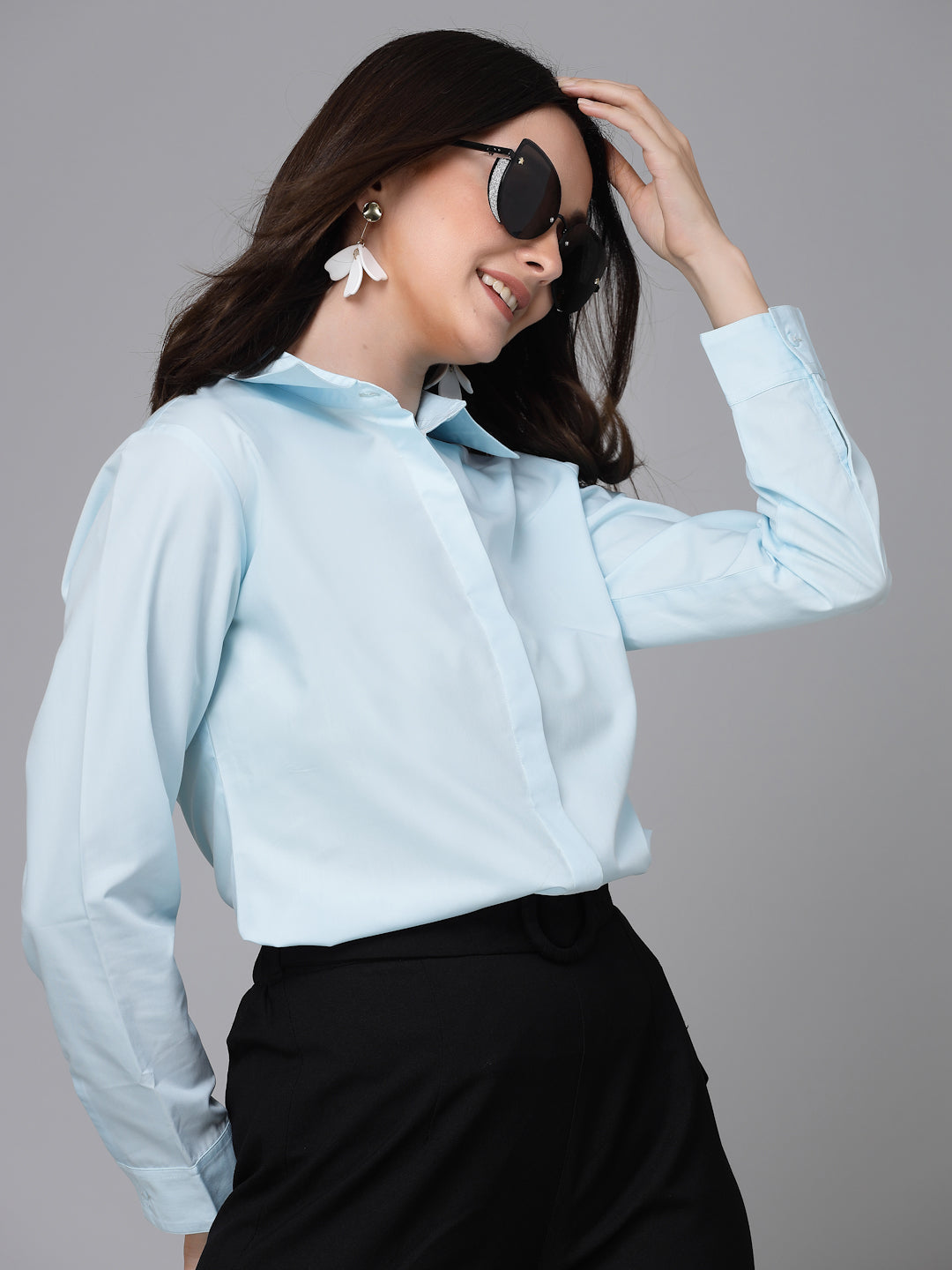 Style Quotient Women Light Blue Cotton Blend Formal Long Sleeve Shirt