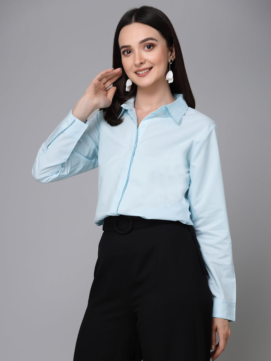 Style Quotient Women Light Blue Cotton Blend Formal Long Sleeve Shirt