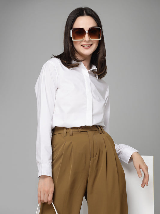 Style Quotient Women White Cotton Blend Formal Long Sleeve Shirt