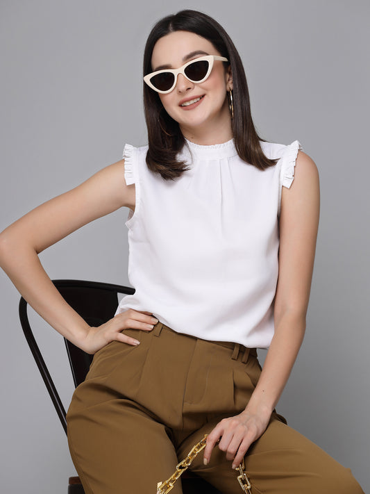 Style Quotient Women Solid White Polyester Smart Casual Top