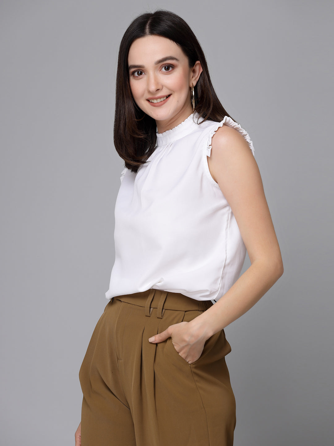 Style Quotient Women Solid White Polyester Smart Casual Top