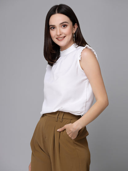 Style Quotient Women Solid White Polyester Smart Casual Top