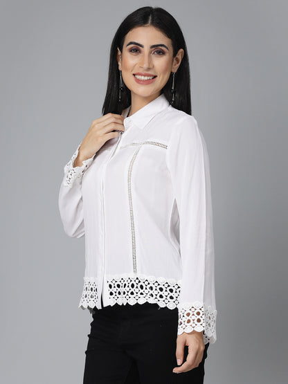 Style Quotient Womens White Rayon Smart Formal Shirt with Lace Details