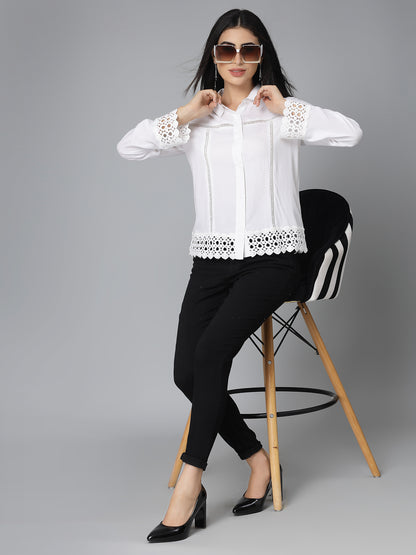 Style Quotient Womens White Rayon Smart Formal Shirt with Lace Details