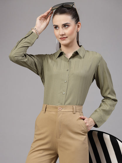 Style Quotient Women Olive Self Design Polyester Formal Shirt