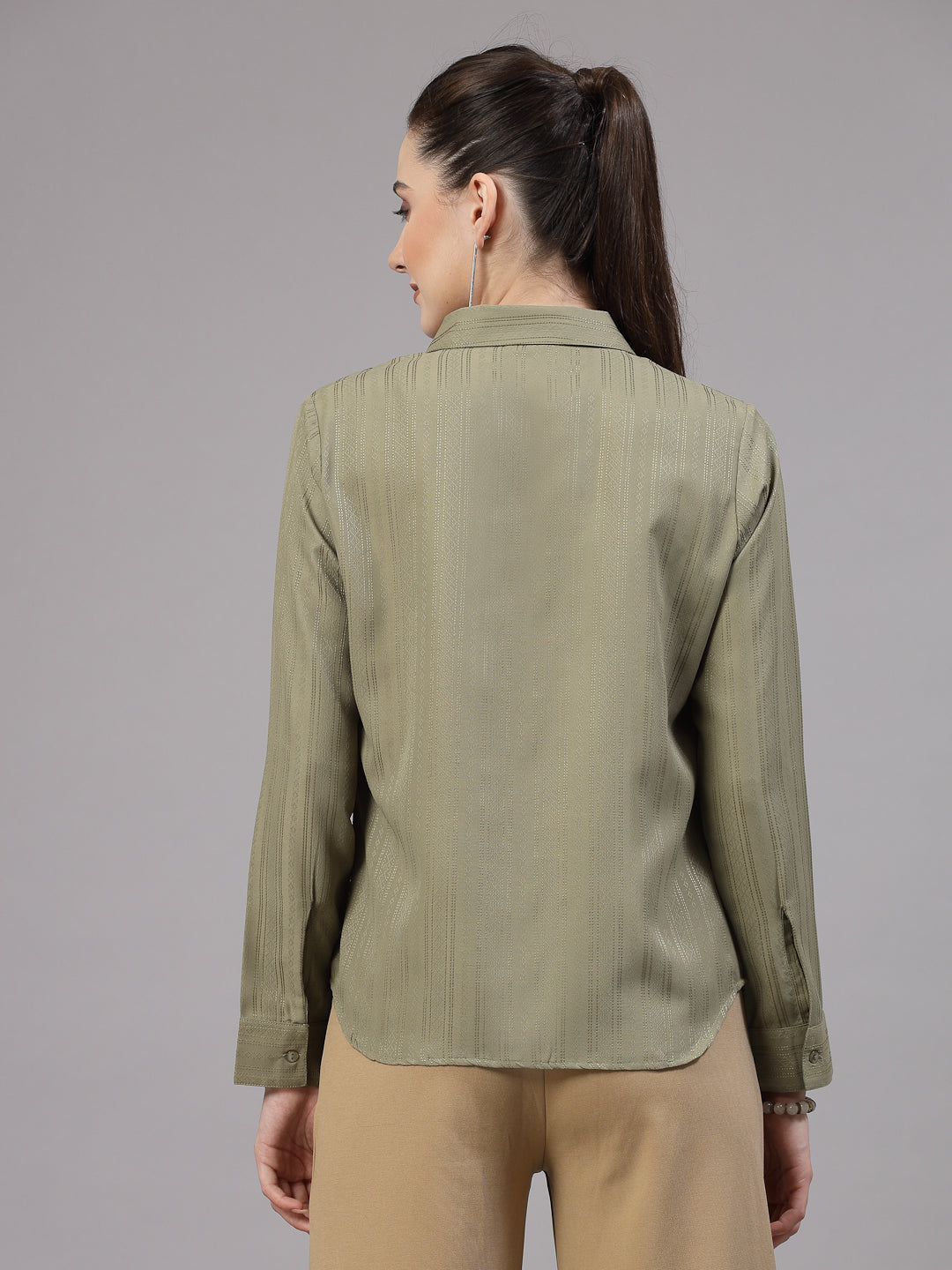 Style Quotient Women Olive Self Design Polyester Formal Shirt