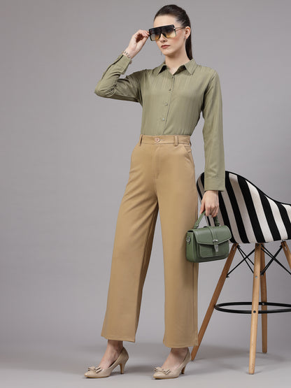 Style Quotient Women Olive Self Design Polyester Formal Shirt