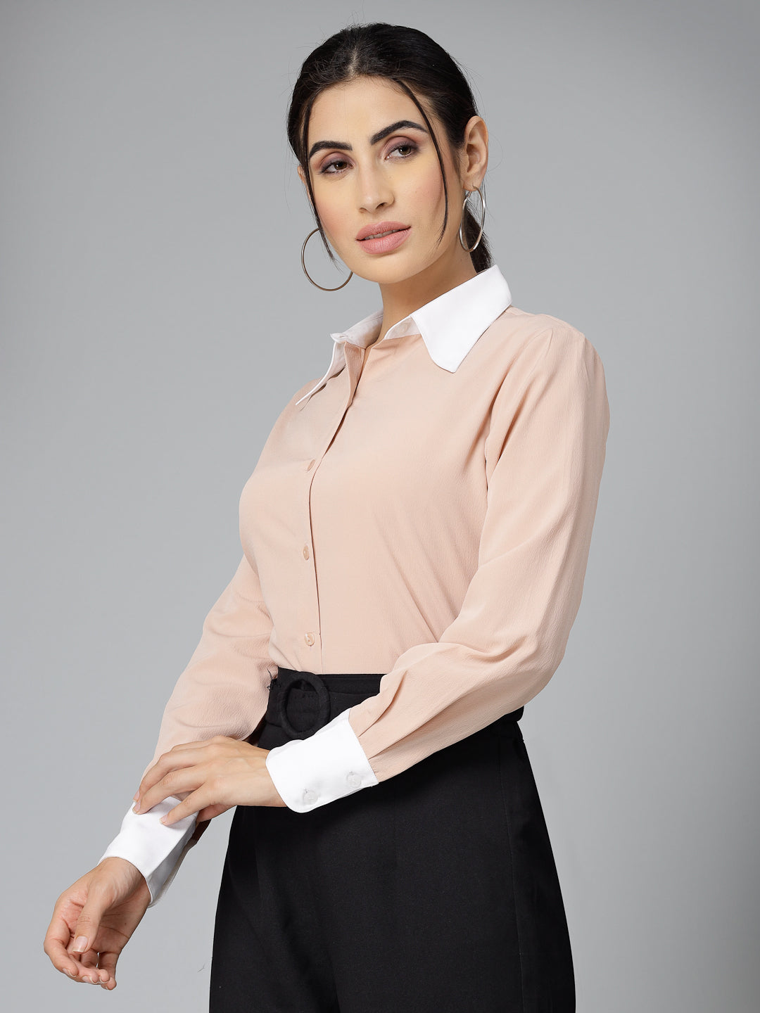 Style Quotients Women Nude Pink and White Polyester Formal Shirt
