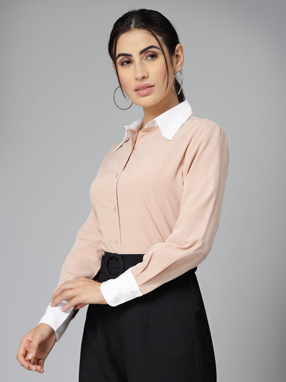 Style Quotients Women Nude Pink and White Polyester Formal Shirt