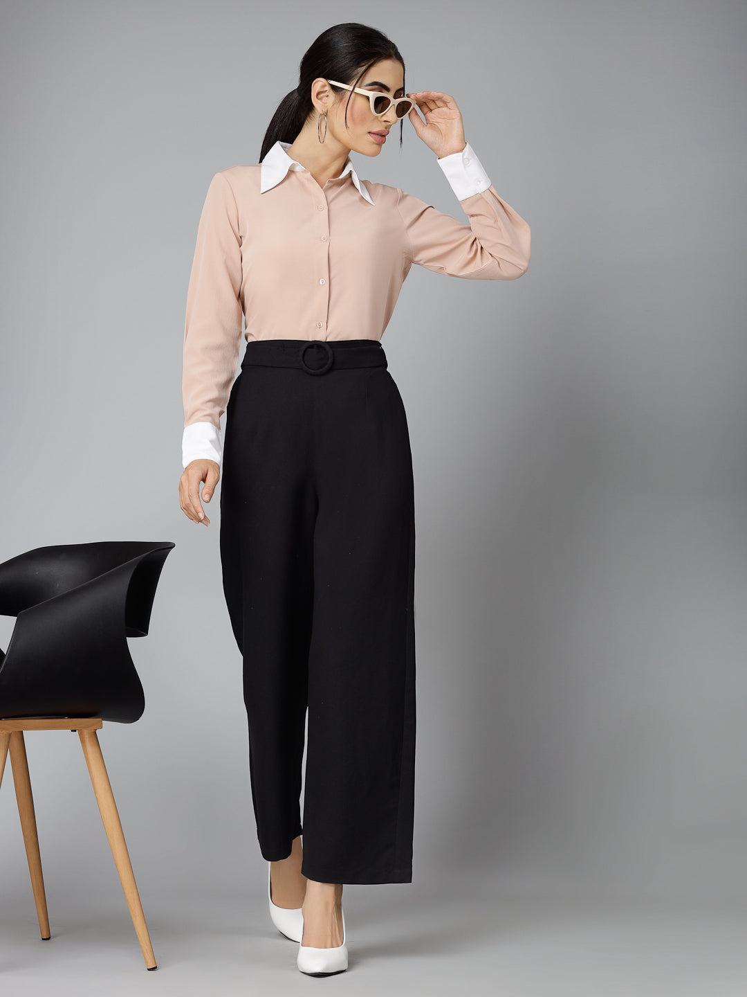 Style Quotients Women Nude Pink and White Polyester Formal Shirt
