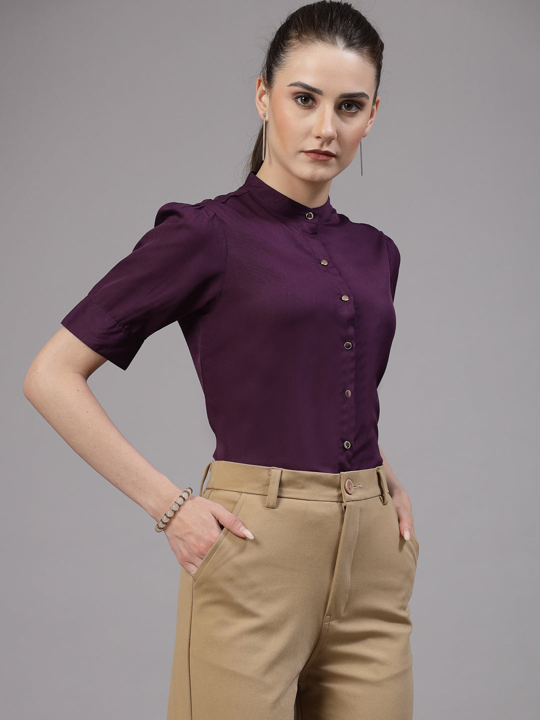 Style Quotient Women Solid Purple Polyester Formal Shirt